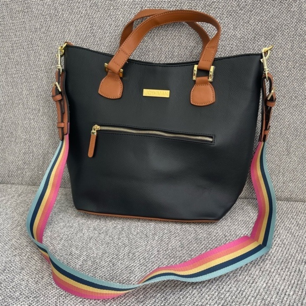 Joy & Iman - Black and Brown Tote with Multicolor Stripe Strap - Large Handbag